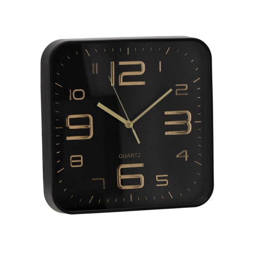 Nástenné štvorcové hodiny 30,2 × 30,2 cm čierne so zlatými číslicami