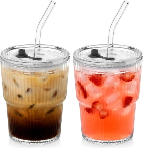 Sklenené tumbler poháre s viečkom a slamkou 340 ml, sada 2 ks