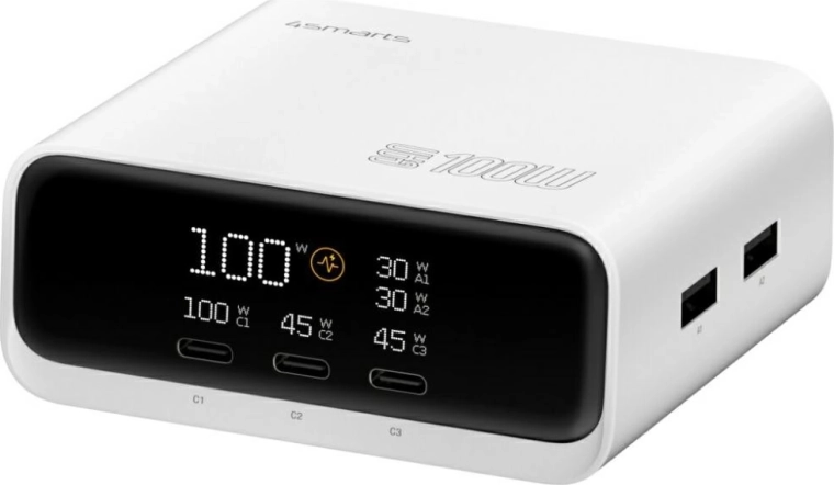 Stolová nabíjačka 4smarts GaN 100 W s displejom, 3× USB‑C + 2× USB‑A, biela