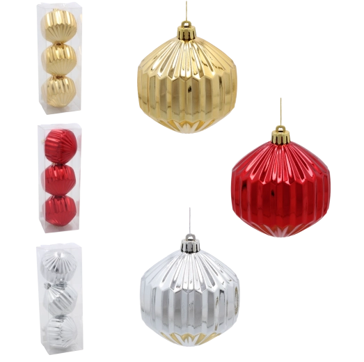 Súprava vianočných gulí 8 cm – červená, zlatá a strieborná, lesklé rebrované ozdoby (3 ks)