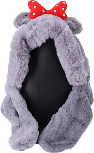 Detská plyšová čiapka so šálom pre deti od 1 do 8 rokov – sivá s červenou mašľou