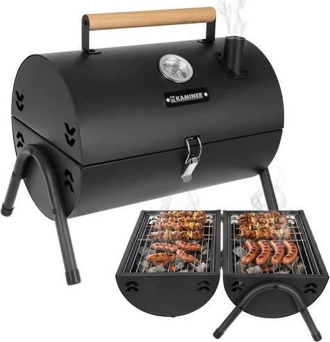 Prenosný záhradný uhlíkový gril s vekom a teplomerom KAMINER
