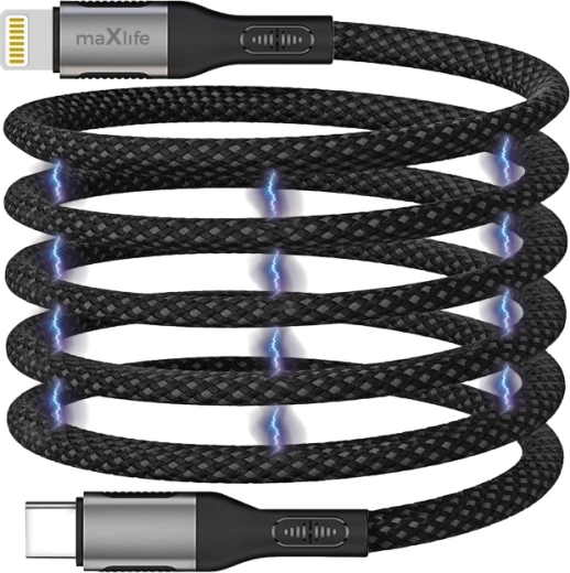 Magnetický kábel Maxlife USB-C – Lightning 1 m 27 W, nylonový, čierny