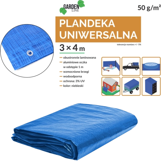 Univerzálna modrá plachta 3 × 4 m, 50 g/m², UV 3%