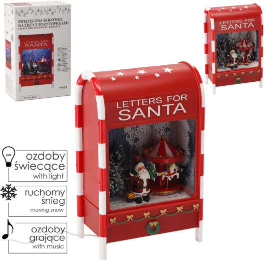 Vianočná poštová schránka s LED, hudbou a kolotočom, červená, 25 × 15 × 40 cm