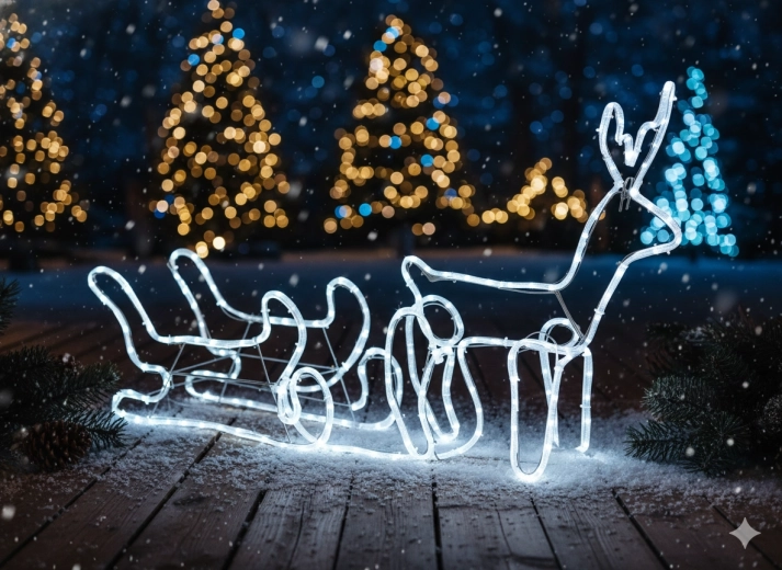Vianočný LED sob so saňami 120 × 27 × 66 cm – studená biela so studeným blikaním
