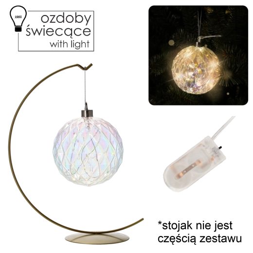 Sklenená závesná ozdoba s LED, geometrický vzor, priemer 10 cm