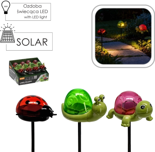 Solárny záhradný LED zápich v tvare korytnačky, slimáka a lienky – teplá biela