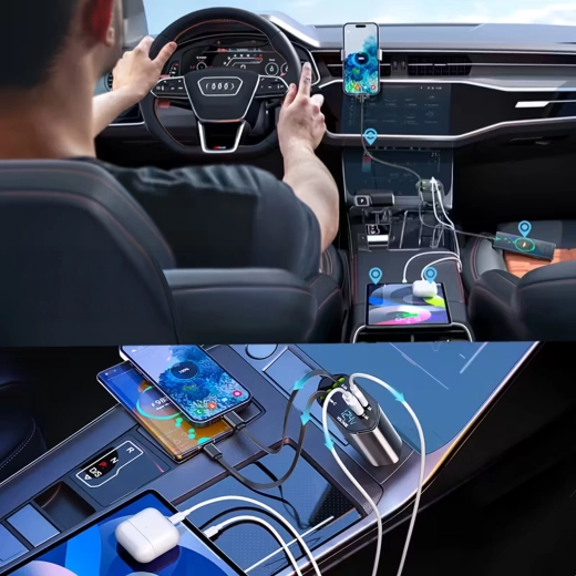 Autonabíjačka 4v1 s USB‑C a Lightning, výsuvný kábel, 100 W rýchle nabíjanie