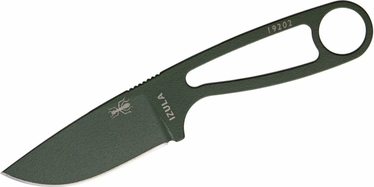 ESEE Izula OD – malý survival nôž z uhlíkovej ocele so zeleným povrchom a puzdrom