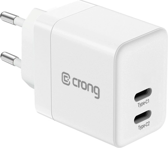 Crong ultra kompaktná GaN sieťová nabíjačka 2× USB-C 35 W PD 3.0 s PPS biela