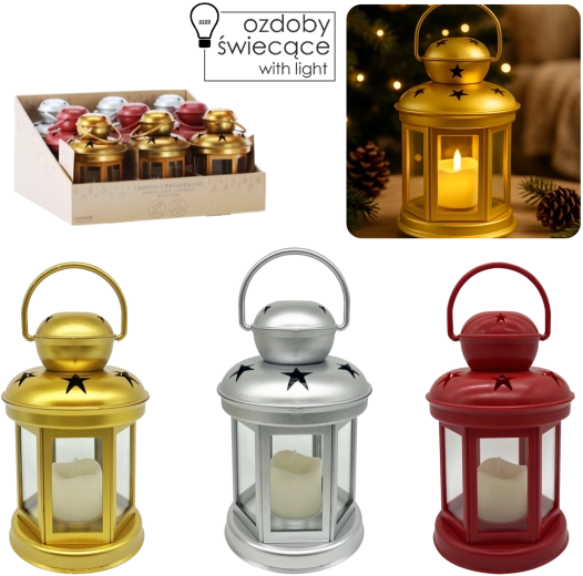 Dekoračný LED lampáš 19 cm – strieborný, zlatý a červený