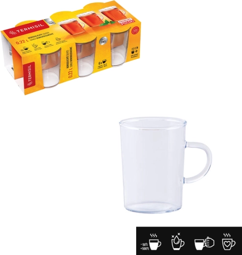 Žiaruvzdorné poháre s uchom 220 ml – kužeľový tvar, borosilikátové sklo, sada 6 ks