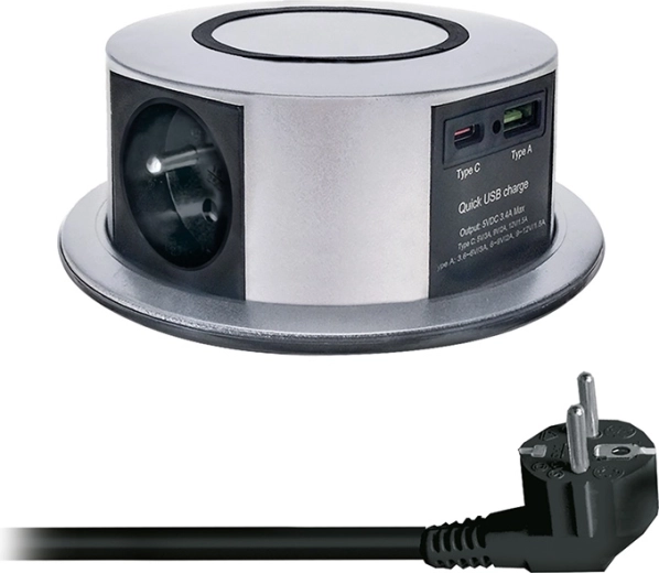 Solight výsuvný blok zásuviek do dosky 3× 230 V + USB-A/USB-C PD 20 W s bezdrôtovým nabíjaním Qi 10 W, 2 m, strieborný