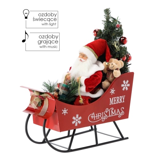 Mikuláš na saniach s vianočným stromčekom s LED a melódiami 60 cm
