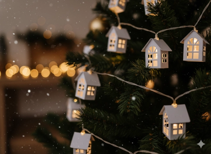 Svetelný LED reťaz s kovovými domčekmi, 10 svetiel na batérie