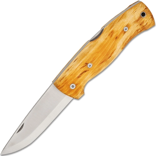 Helle Bleja outdoorový zatvárací vreckový nôž 8,5 cm, kučeravá breza, kožené puzdro - 1 kus