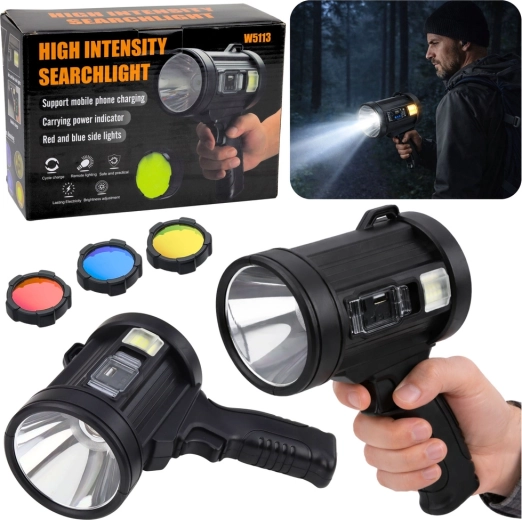 Solárny LED ručný reflektor 800 lm s powerbankou a výmennými filtrami