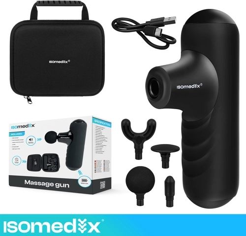 Masážna pištoľ mini Isomedix s 5 režimami, 4 nástavcami a puzdrom
