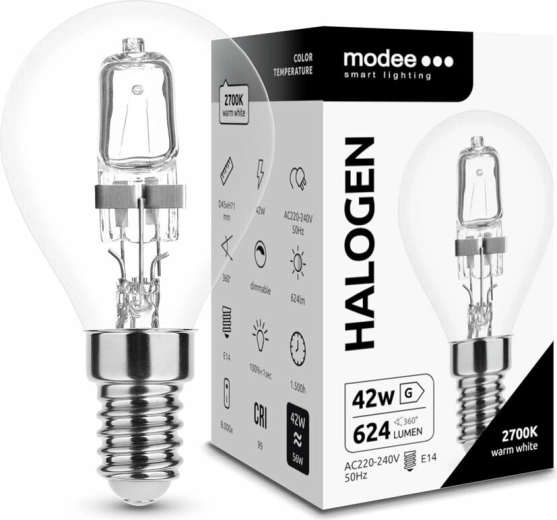 Halogénová žiarovka mini globe 42 W E14 teplá biela MODEE ECO