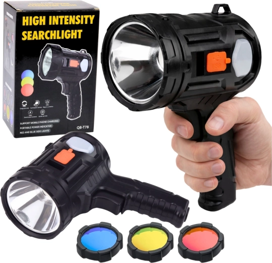 solárny LED ručný reflektor so 6 režimami a vymeniteľnými filtrami 19 cm