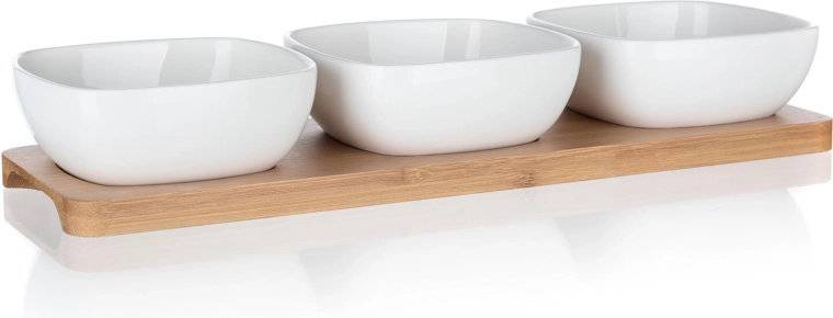 Súprava servírovacích misiek z porcelánu na bambusovom tácke BRILLANTE, 3 misky