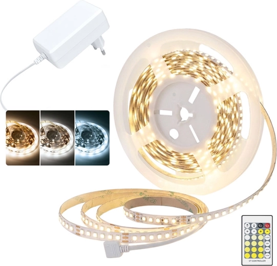 Solight LED svetelný pásik 3CCT 5 m s adaptérom 12 V a diaľkovým ovládačom