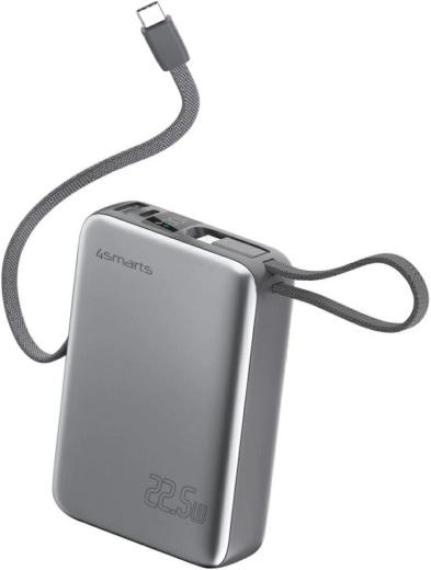 Powerbanka 4smarts Pocket Dual Cord 20000 mAh, 22,5 W, so zabudovaným káblom USB‑C 15 cm, sivá