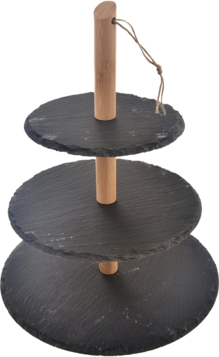 Trojposchodový servírovací stojan bridlica a drevo 30 × 36 cm