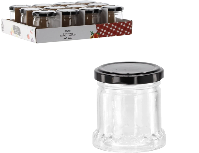 Sklenený pohár 100 ml s reliéfom a čiernym kovovým viečkom