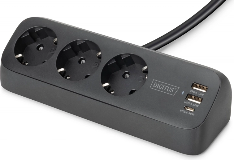 stolová predlžovacia prepäťová lišta s 3 zásuvkami schuko a usb-a/usb-c so svorkovým uchytením na dosku, čierna