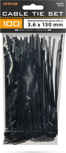 Čierne sťahovacie pásky na káble 150 × 3,6 mm, 100 kusov