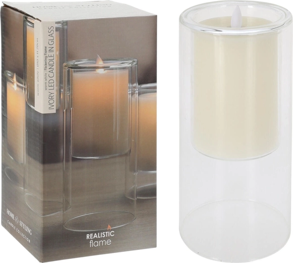LED sviečka IVORY v skle s blikajúcim plameňom 10 × 20 cm
