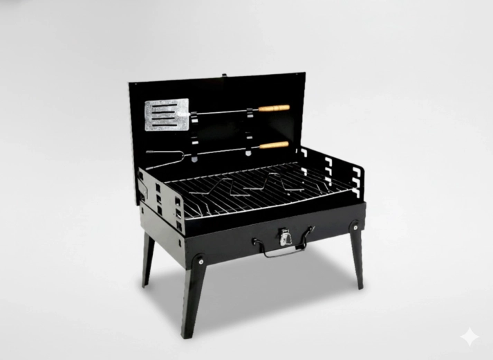 Skladací turistický gril v tvare kufríka s príborom 43 × 26,5 × 46,5 cm