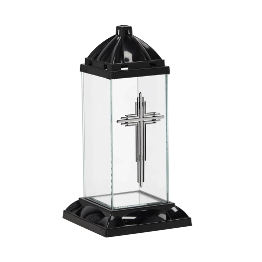 Cintorínsky lampáš štvorec s krížom čierny 32 cm