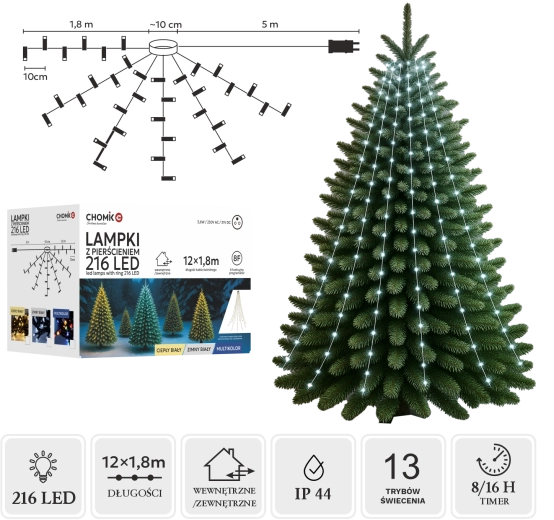 LED svetelný reťaz s prstencom 1,8 m, 216 LED, studená biela, interiér/exteriér
