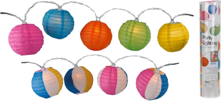 LED reťaz lampióny 10 cm, 10 LED, farebný