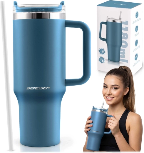 Vákuový termohrnček Berdsen so slamkou 1180 ml námornícka modrá