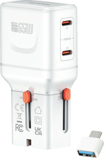 Cestovná nabíjačka 4smarts World Travel Adapter Nomad Pocket GaN 65 W, USB‑C + USB‑A, biela