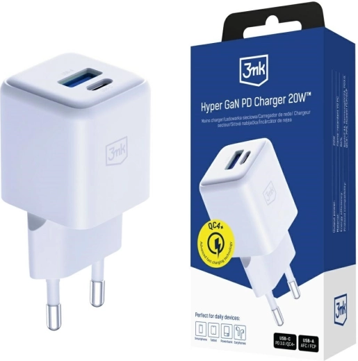 3mk Hyper GaN sieťová nabíjačka 20 W USB-A a USB-C biela