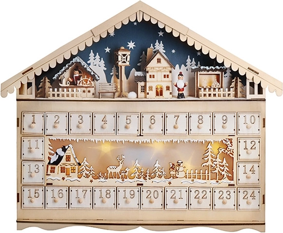 Solight LED adventný kalendár v tvare horskej chaty, 10× LED, 50 × 40 cm