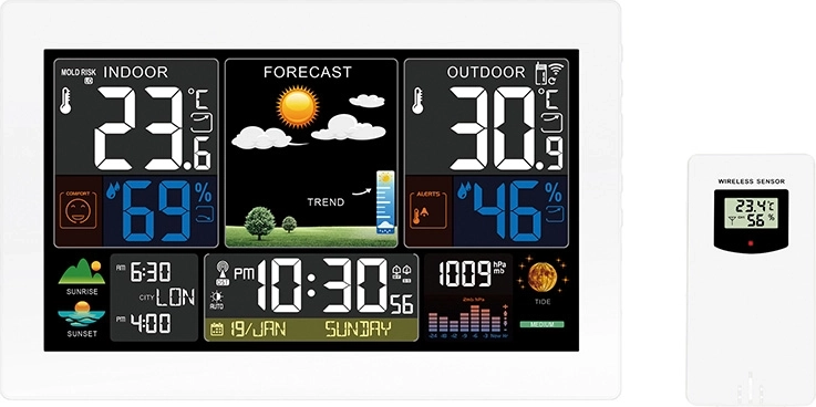 Solight meteostanica s extra veľkým farebným LCD displejom, meraním teploty, vlhkosti a tlaku, RCC a USB nabíjaním, biela