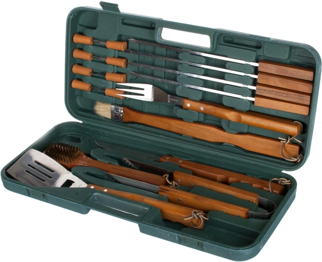 Súprava grilovacieho náradia z nerezu s drevenými rukoväťami, 18 dielov v kufri