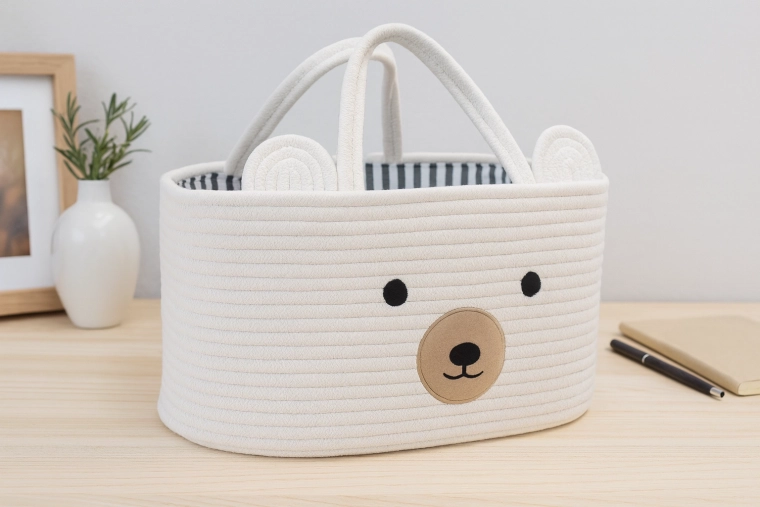 Textilný košík na hračky s uškami – biely organizér so zvieratkom 32 × 22 × 20 cm