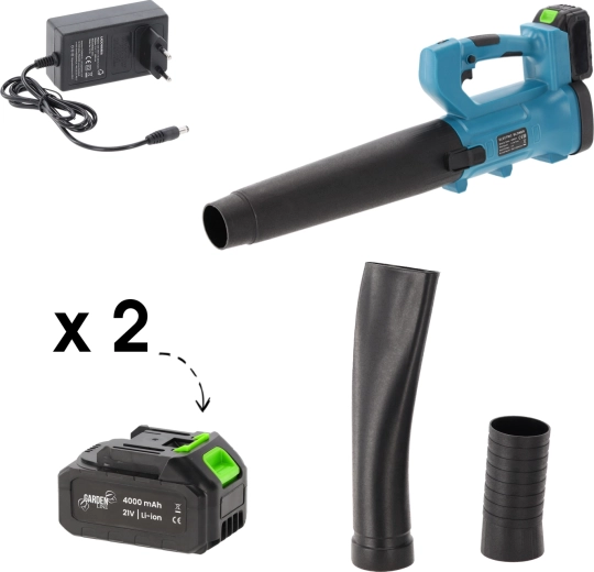 Akkumulátorový záhradný fukár 21 V s 2× 4Ah batériou a nabíjačkou