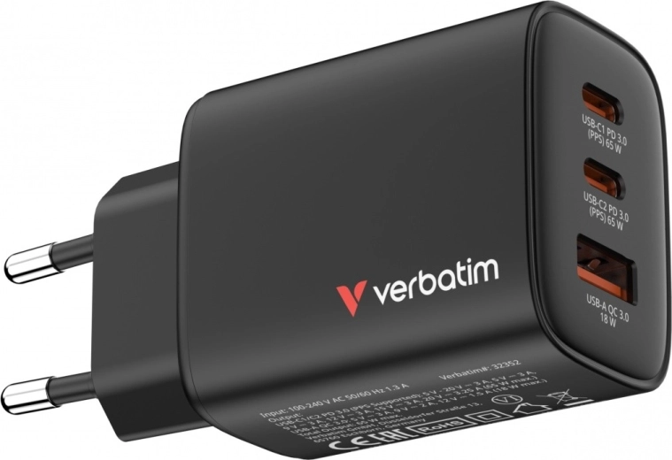 Verbatim Essentials GaN sieťová nabíjačka 65 W (2× USB‑C, 1× USB‑A, PD 3.0/QC 3.0) – EÚ