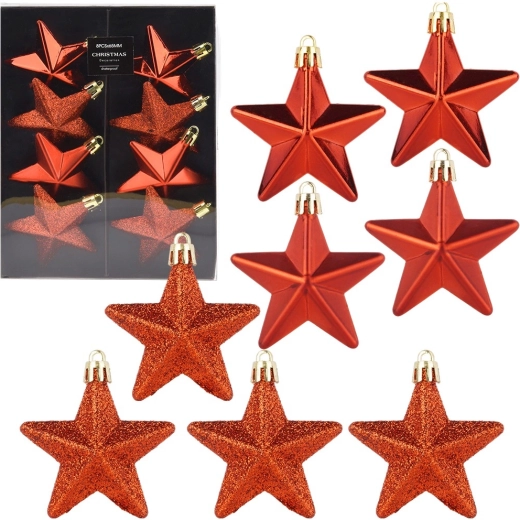 Nerozbitné vianočné ozdoby hviezdičky červené 6,5 cm, 8 ks