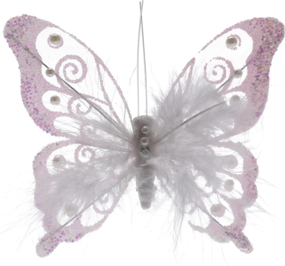 Dekoračný motýľ z pierok na klipse, biely, 15,5 cm (2 ks)