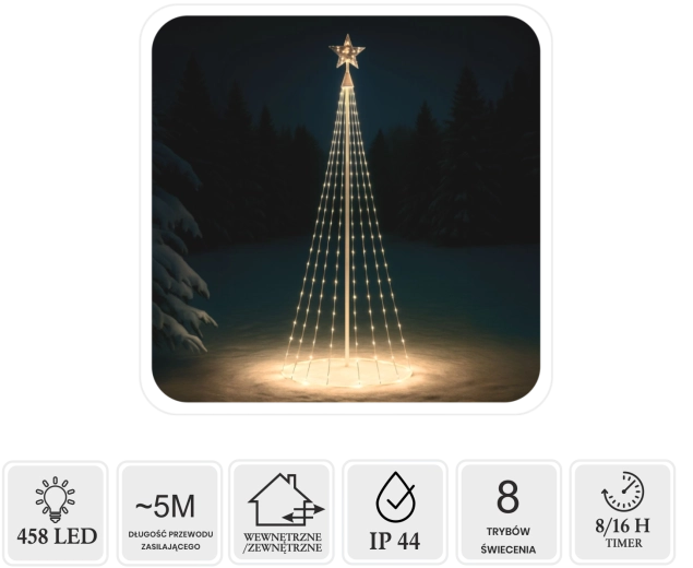 LED kužeľový vianočný stromček s hviezdou 3 m, 458 LED, teplá biela, interiérový/exteriérový