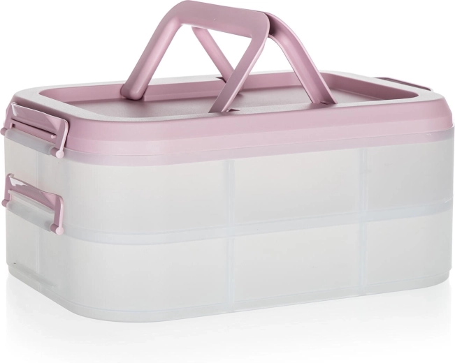 Plastový party box s dvoma poschodiami a ušami 40 × 28 × 17,8 cm, transparentný/ružový